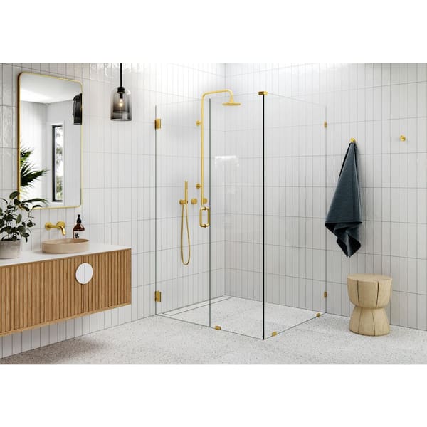 Glass Warehouse 47 in. W x 41.5 in. D x 78 in. H Pivot Frameless Corner Shower Enclosure in Brass with Clear Glass