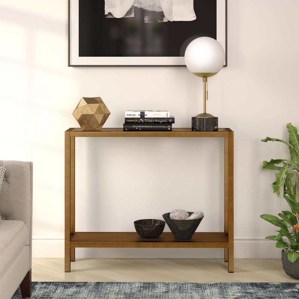 Elegant Brass and Glass Rectangular Console Table with Storage, 36"