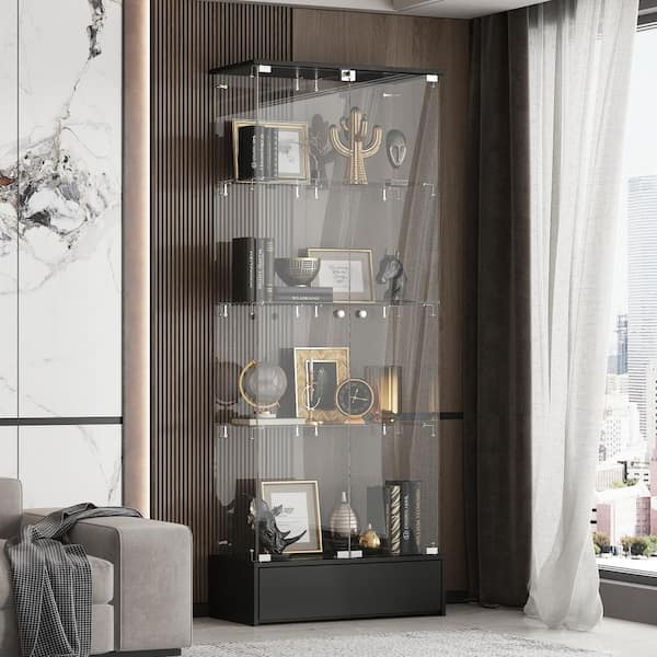 4-Shelf Tempered Glass 27.6 in. W Display Cabinet in Black With Glass Shelves, Drawer and Lock