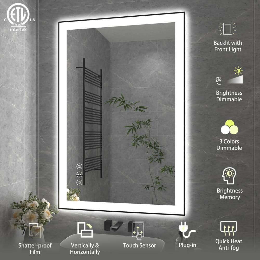 24x36 Inch Black Aluminum LED Vanity Mirror with Anti-Fog