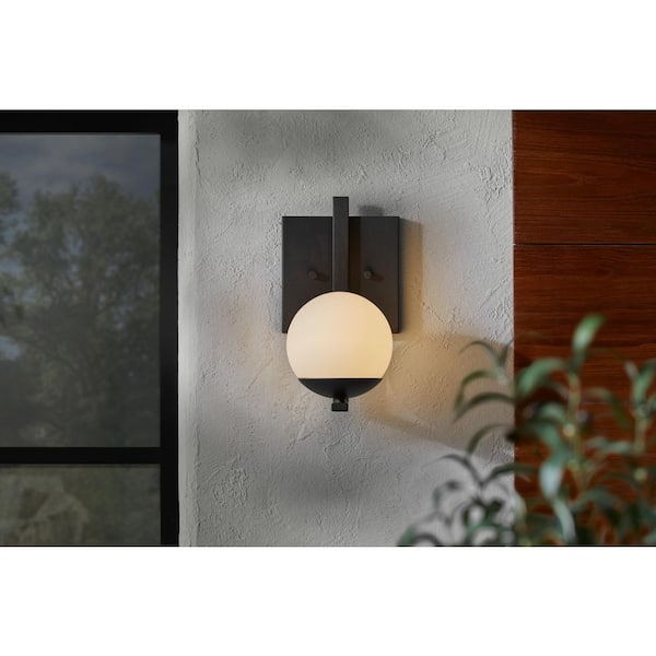 Grenora 10.75 in. Black Damp-Rated L-Type LED Outdoor Wall Lantern Lamp with Opal Glass Shade