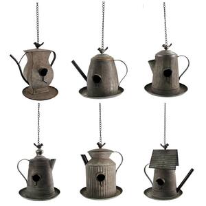 Assorted Style Antique Copper Finish Teapot Birdhouses (Set of 6)