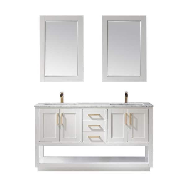 Altair Remi 60 in. Double Bathroom Vanity Set in White and Carrara White Marble Countertop with Mirror