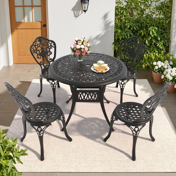 Orchid Black 5-Piece of Cast Aluminum Outdoor Patio Dining Set with 35.43 in. Round Table and Armless Chairs
