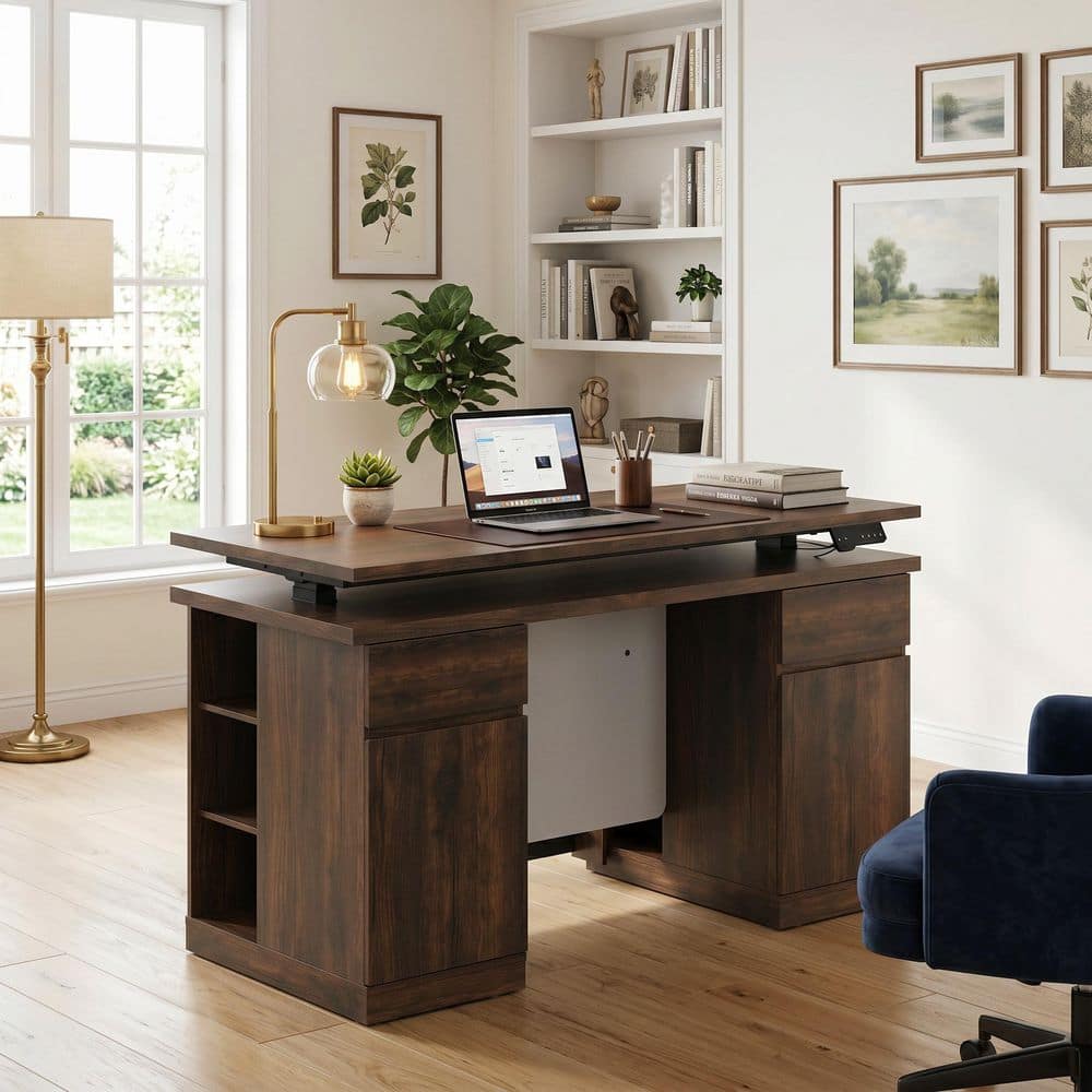 FUFU&GAGA 54.3 in. Rectangular Brown Wood Grain 2-Drawer Computer