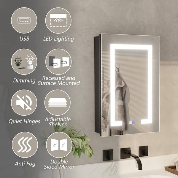 ExBrite 16 in. W x 24 in. H Rectangular Silver Aluminum Recessed/Surface Mount Right Dimmable Medicine Cabinet with Mirror LED