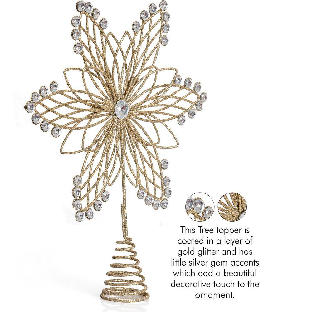 Gold Glitter Metal Flower Tree Topper with Silver Gems