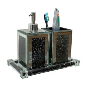 Countertop Square Soap Dispenser and Toothbrush Holder with Tray, 3-Piece in Black
