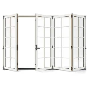 W5500 124 in. x 96 in. Modern White LeftHand/Outswing Aluminum CladWood 4-Panel Prehung Folding Patio Door w/10Lite Grid