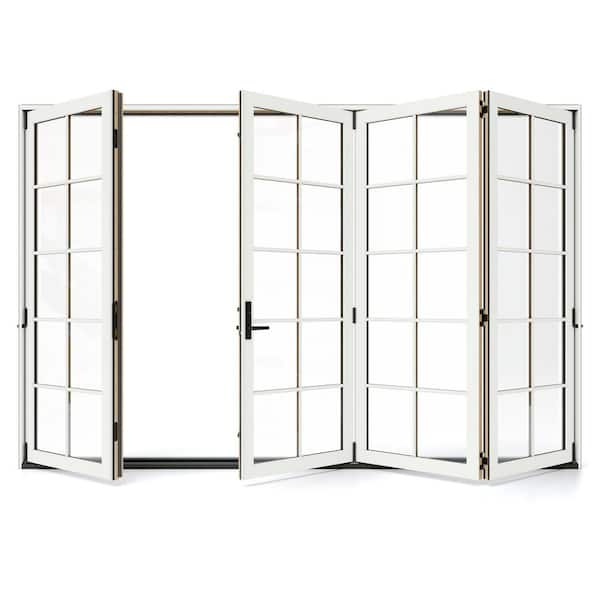 JELD-WEN W5500 124 in. x 96 in. Modern White LeftHand/Outswing Aluminum CladWood 4-Panel Prehung Folding Patio Door w/10Lite Grid