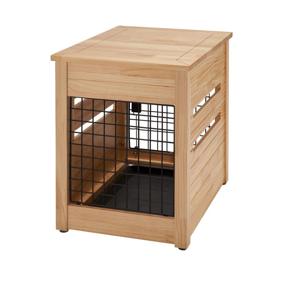 Small Beige and Brown Pine Wood Pet Crate End Table
