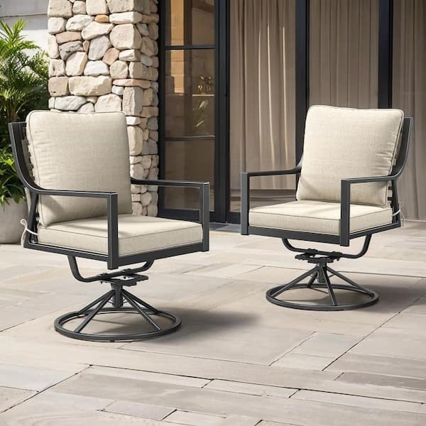 Komodo Swivel and Rocking Black Metal Frame and Gray Wicker Outdoor Dining Chairs with Olefin Beige Cushions (2-Pack)