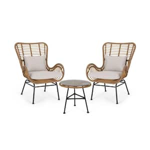 Acuna Light Brown 3-Piece Metal Outdoor Patio Conversation Seating Set with Beige Cushions