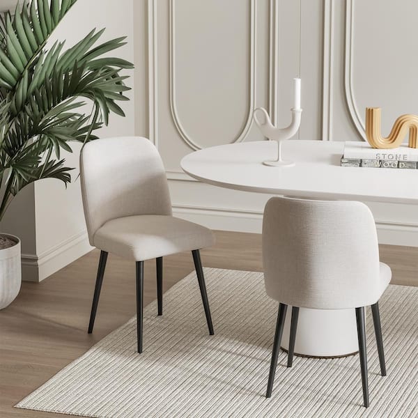 Upholstered Beige Dining Chair with Black Legs, Set of 2