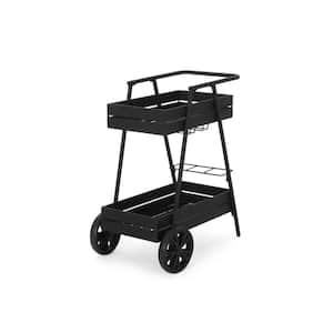 Outdoor Patio Metal Bar Serving Cart with Wheels in Black