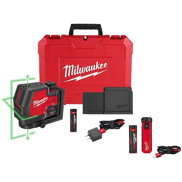 Green 100 ft. Cross Line and Plumb Points Rechargeable Laser Level with REDLITHIUM Lithium-Ion USB Battery and Charger