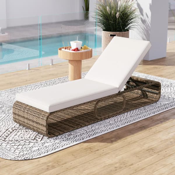 Kadehome Wicker Outdoor Chaise Lounge with White Cushion, 7