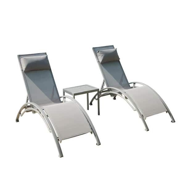 Sudzendf Gray Adjustable Aluminum Outdoor Chaise Lounge Chairs with Metal Side Table(2 Lounge Chair+1 Table)