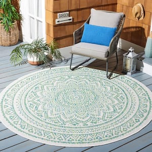 Courtyard Ivory/Green 4 ft. x 4 ft. Round Medallion Indoor/Outdoor Area Rug
