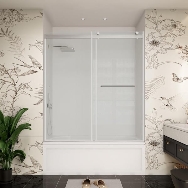 60 in. W x 60 in. H Double Sliding Frameless Bypass Bath Tub Door in Brushed Nickel with Easy-Clean Clear Glass
