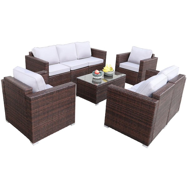 maocao hoom 8-Piece Brown Wicker Patio Conversation Set with Light Gray Cushions