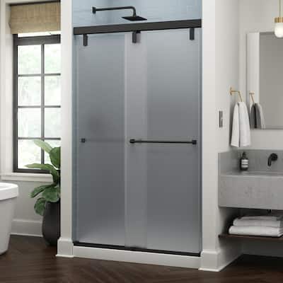 Everly 48 in. x 71-1/2 in. Mod Semi-Frameless Sliding Shower Door in Matte Black and 3/8 in. (10mm) Niebla Glass