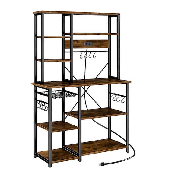 39.3 in. W x 15.5 in. D x 66.9 in. H Rustic Brown Assembled Freestanding Kitchen Cabinet with Power Outlets and Storage