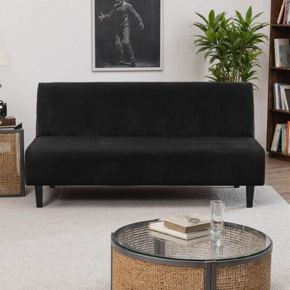 Angel Sar Black Real Velvet Futon Slipcover, Armless Sofa Cover