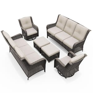 Brown 6-Piece Wicker Patio Conversation Set Rattan Seating Set with Beige Cushion