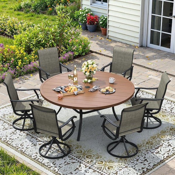 7-Piece Metal Patio Dining Set with Walnut Round Dining Table and 6 Black Textilene Swivel Dining Chairs