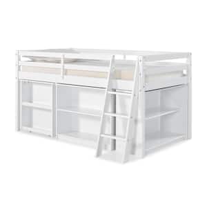 Roxy White Wood Twin Junior Loft Bed with Pull-out Desk, Shelving and Bookcase