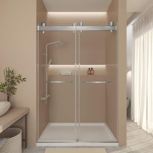 Unbranded 60 in. W x 78 in. H Double Sliding Door Frameless Corner Shower Enclosure in Brushed Silver with 5/16 in. Tempered Glass