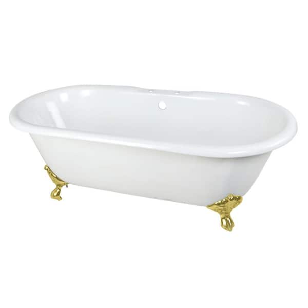 Aqua Eden 66 in. x 30.1 in. Cast Iron Oval Clawfoot Soaking Bathtub in White/Polished Brass