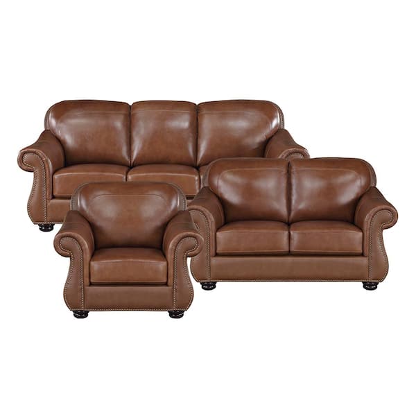 Beven 85 in. W Rolled Arm Leather Rectangle 3-Piece Living Room Sofa Set in. Camel Brown