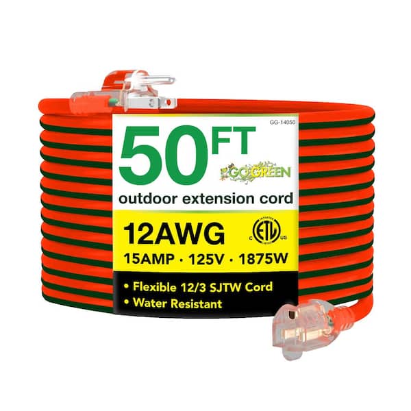 GoGreen Power 50 ft. 12/3 SJTW Extension Cord - Orange with Lighted Green End