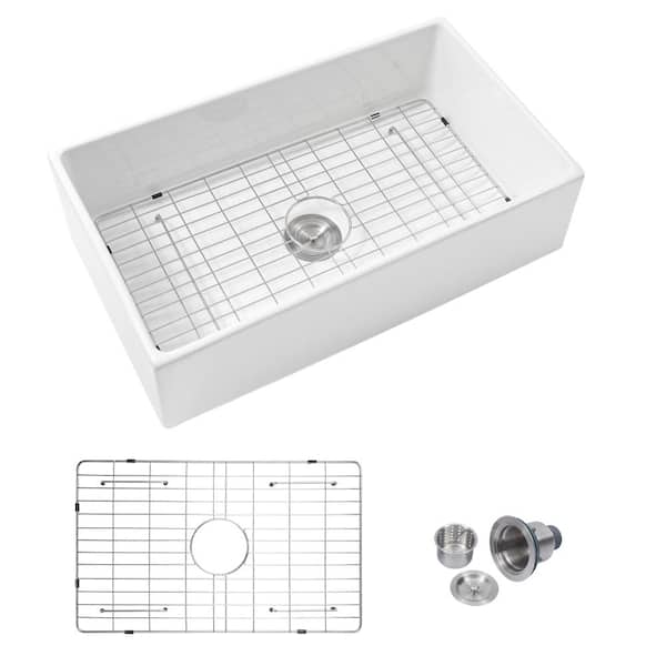 33 in. Single Bowl Fireclay Ceramic Farmhouse Apron Front Kitchen Sink in White with Bottom Grid and Basket Strainer