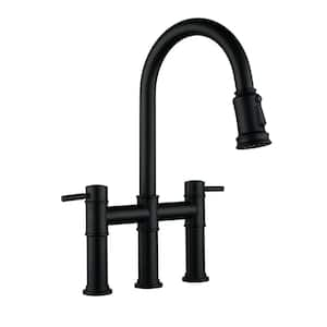 Double Handle Bridge Kitchen Faucet with Pull Down Sprayer in Matte Black