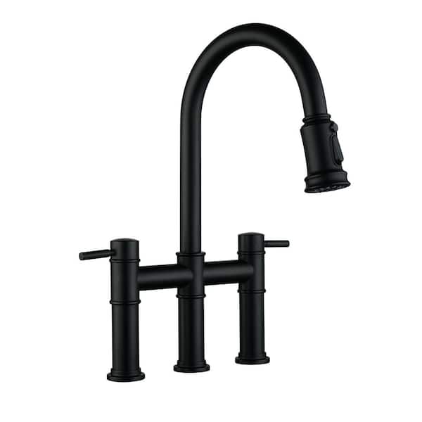 ALEASHA Double Handle Bridge Kitchen Faucet with Pull Down Sprayer in Matte Black
