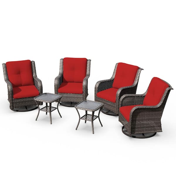 6-Piece Wicker Patio Conversation Set Swivel Rocking Chairs with Red Cushions