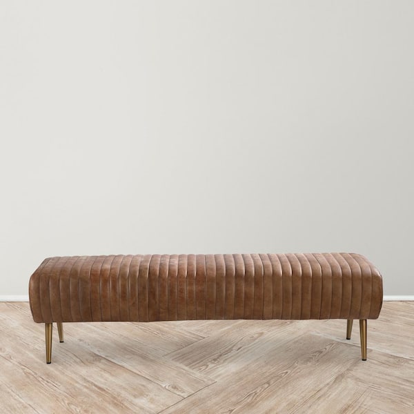 NADAAL STUDIOS Skylar Cappuccino 59 in. Leather Bench with Matte Brass Iron Legs