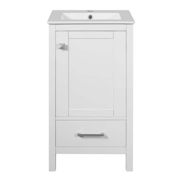 18 in. Freestanding White Bath Vanity with White Ceramic Top Soft-Close Drawers and Door Organizer