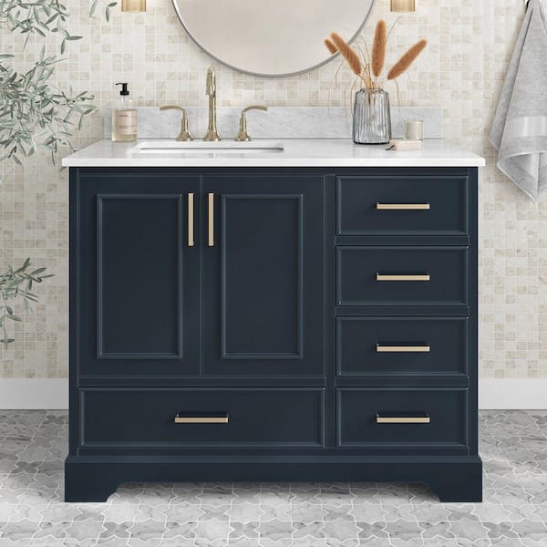 ARIEL Stafford 43 in. W x 22 in. D x 35.25 in. H Left Single Sink Bath Vanity in Midnight Blue with Carrara White Marble Top