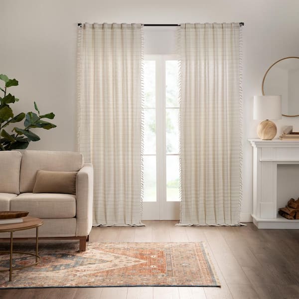 Mercantile Amari Oatmeal Stripe Pattern Cotton 50 in. W x 63 in. L Light Filtering Single Rod Pocket Back Tab Curtain Panel