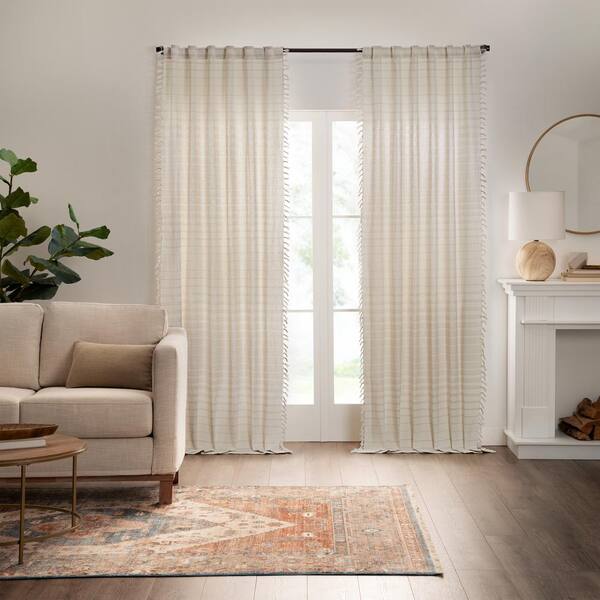 Mercantile Amari Oatmeal Striped Cotton 50 in. W x 84 in. L Rod Pocket Room Darkening Curtain Panel