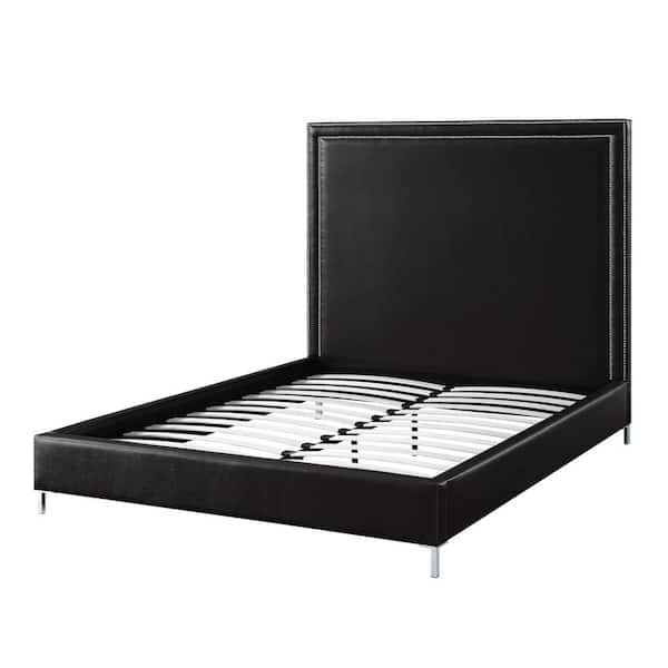 Inspired Home Samuele Black PU Leather Nailhead Trim Platform King Bed
