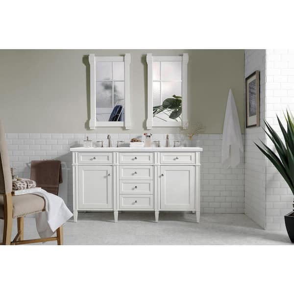 James Martin Vanities Brittany 60.0 in. W x 23 in. D x 34 in. H Double Bath Vanity in Bright White with Arctic Fall Solid Surface Top