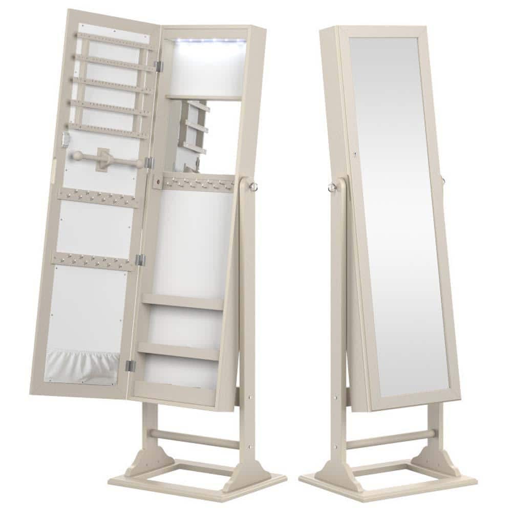 Beige Freestanding Lockable Jewelry Armoire with FullLength Mirror and