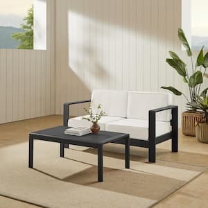 Kelten Powder Black 2-Piece Aluminum 2-Seater Patio Conversation Set with White Polyester Cushions