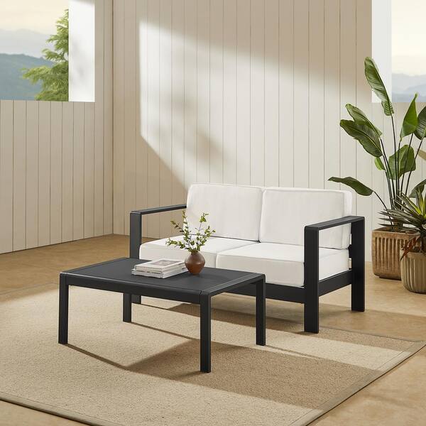 Linon Home Decor Kelten Powder Black 2-Piece Aluminum 2-Seater Patio Conversation Set with White Polyester Cushions