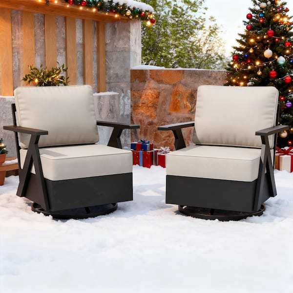 Modern Black Rust-Resistant Metal Frame Swivel Outdoor Rocking Chair with Beige Cushions (Set of 2)